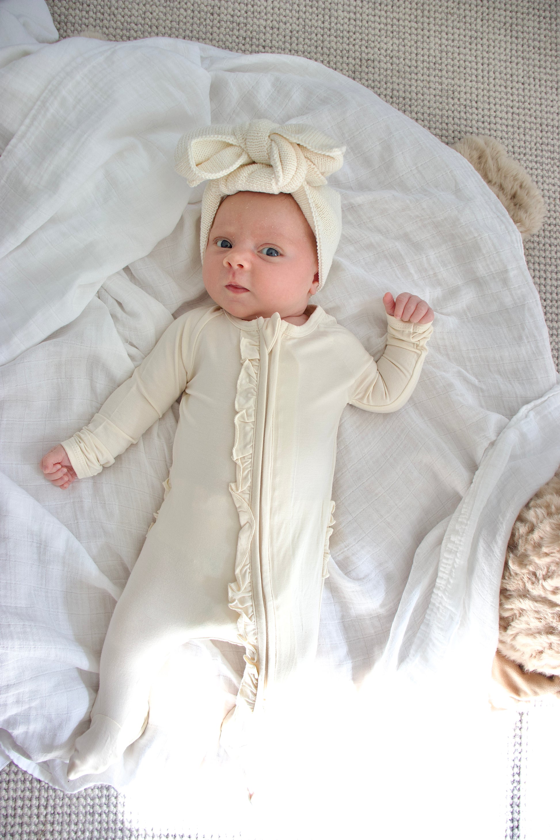 Ruffle - Footed Bamboo Baby Pajama with 2 Zipper – Soft & Breathable Sleepwear | Cream