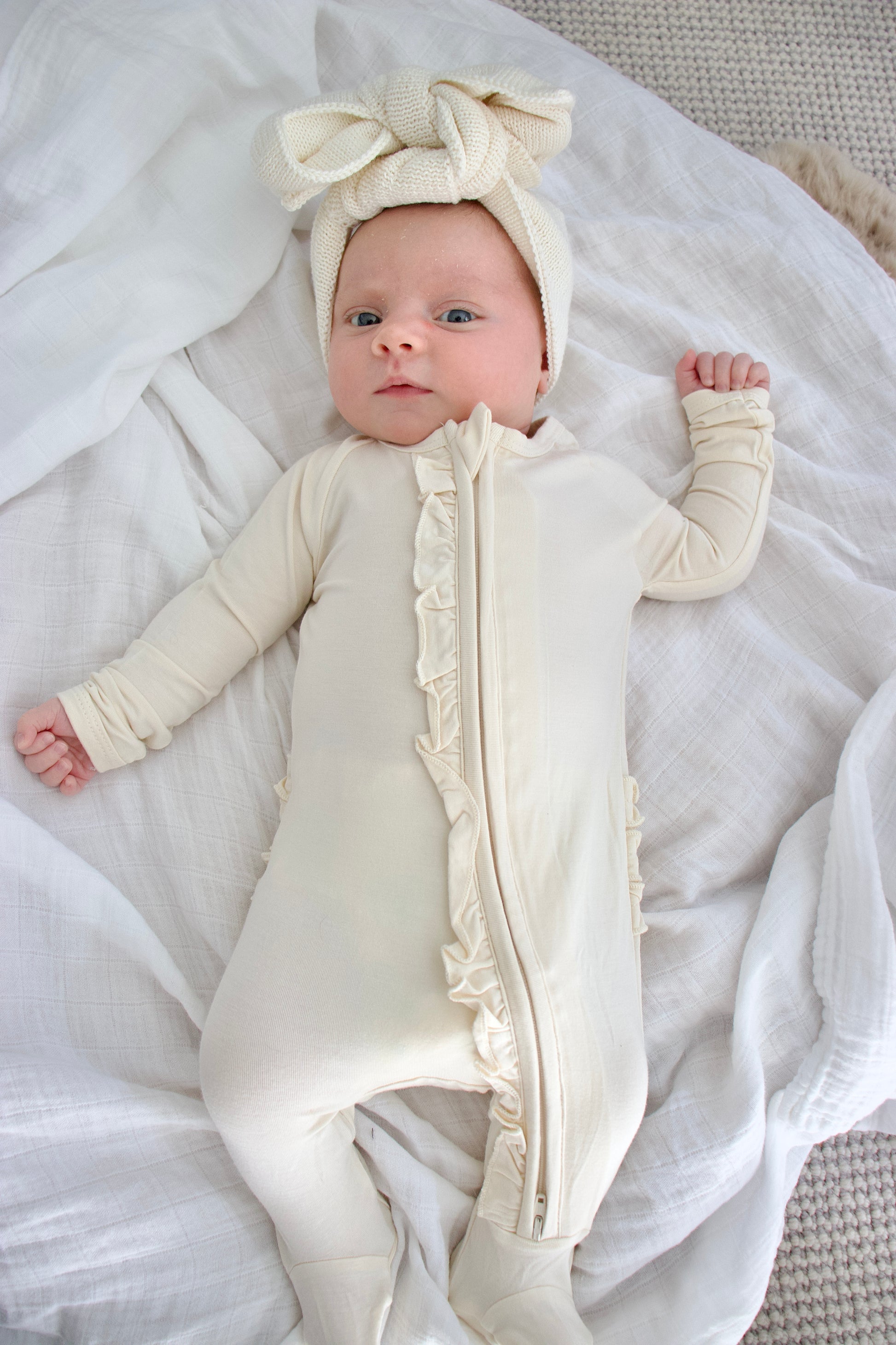 Ruffle - Footed Bamboo Baby Pajama with 2 Zipper – Soft & Breathable Sleepwear | Cream