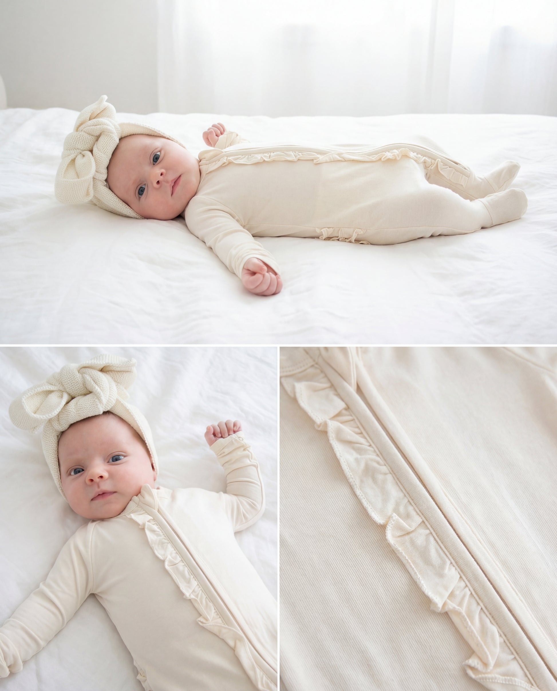 Ruffle - Footed Bamboo Baby Pajama with 2 Zipper – Soft & Breathable Sleepwear | Cream