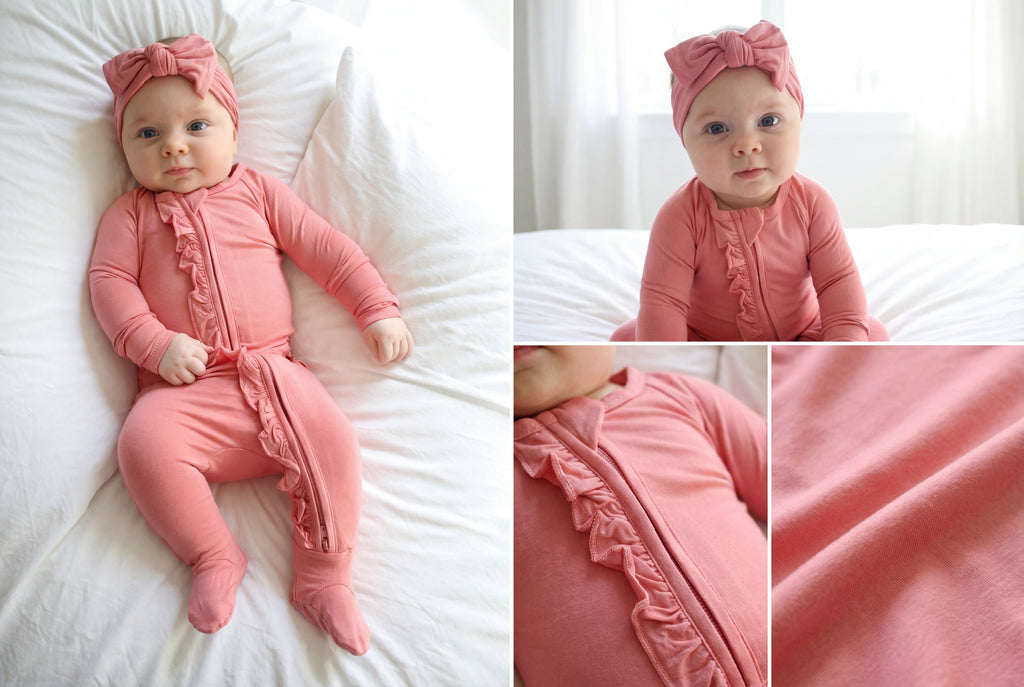 Ruffle - Footed Bamboo Baby Pajama with 2 Zipper – Soft & Breathable Sleepwear | Rose Pink