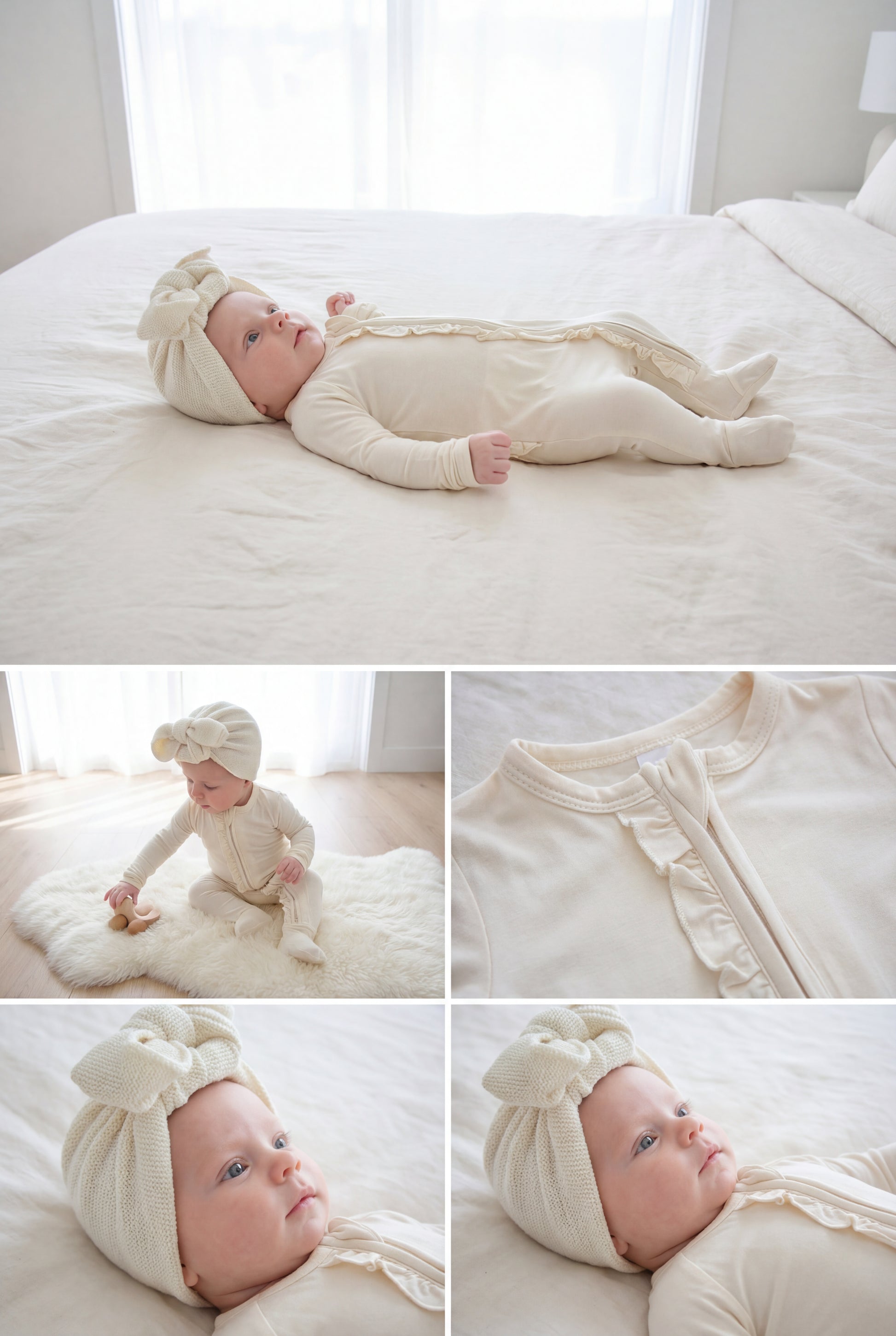 Ruffle - Footed Bamboo Baby Pajama with 2 Zipper – Soft & Breathable Sleepwear | Cream