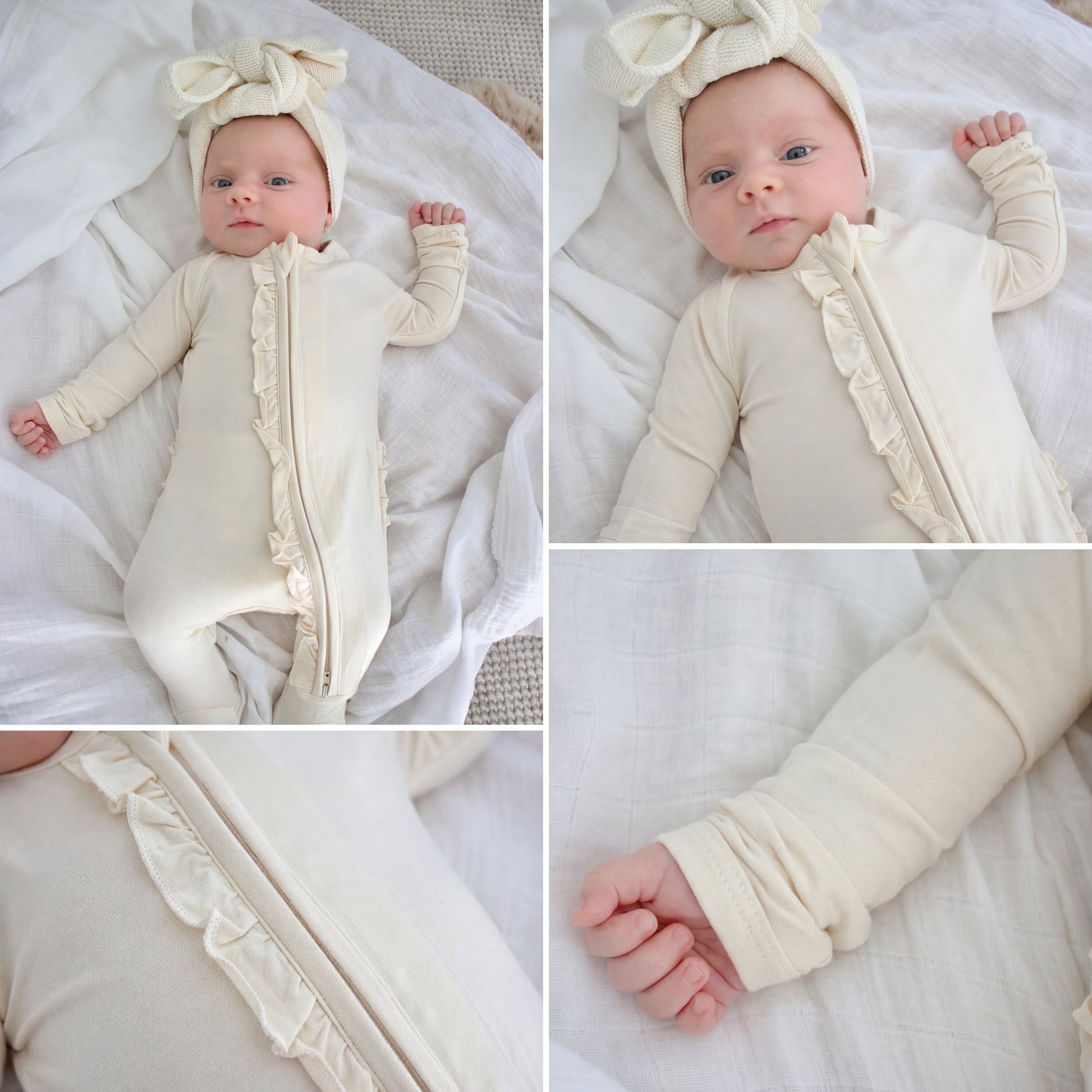 Ruffle - Footed Bamboo Baby Pajama with 2 Zipper – Soft & Breathable Sleepwear | Cream