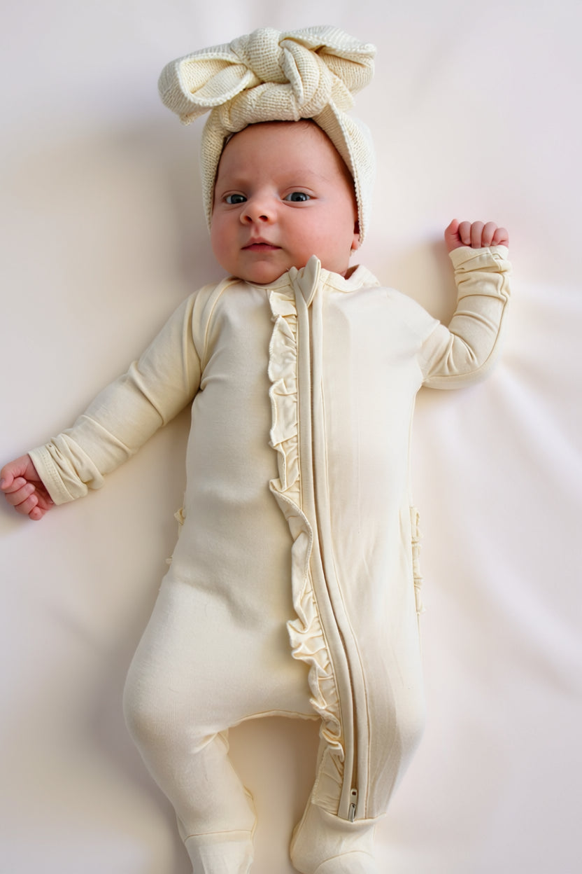 Ruffle - Footed Bamboo Baby Pajama with 2 Zipper – Soft & Breathable Sleepwear | Cream