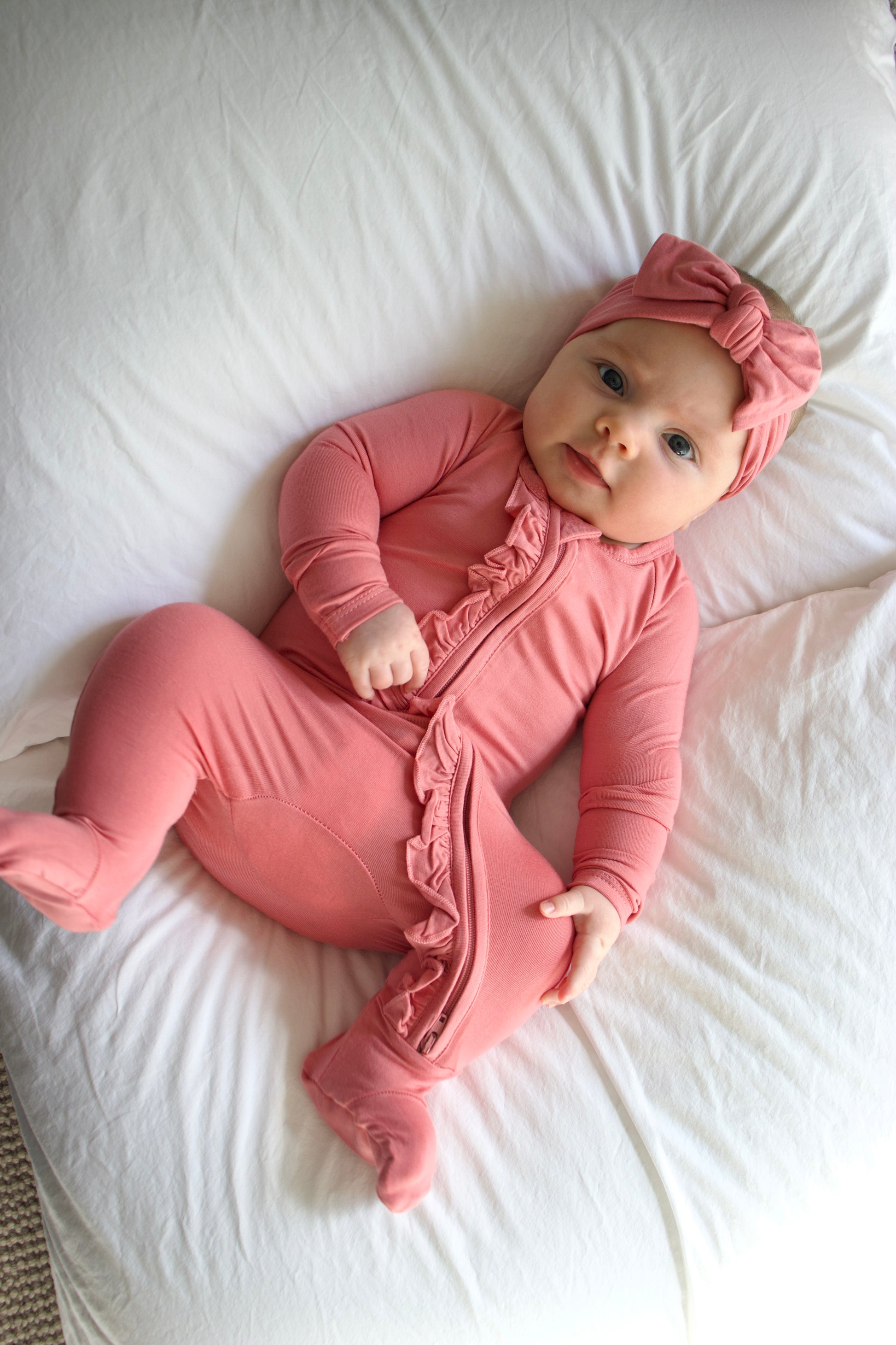Ruffle - Footed Bamboo Baby Pajama with 2 Zipper – Soft & Breathable Sleepwear | Rose Pink